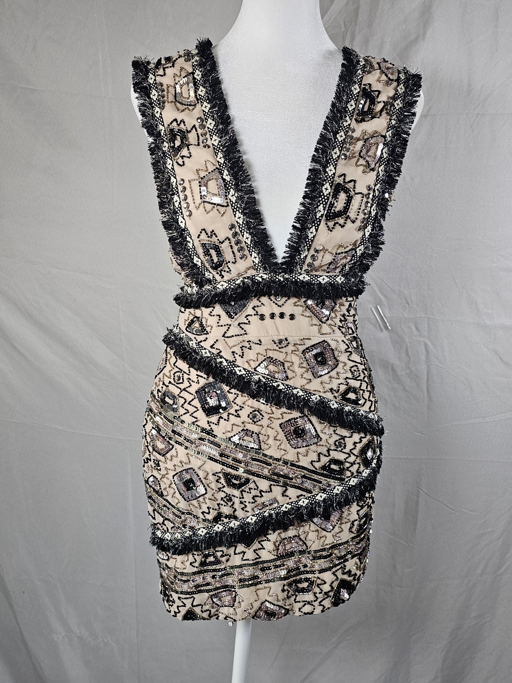 ASOS DESIGN, Beaded V-Neck Dress in Nude and Black - Picture 1 of 12